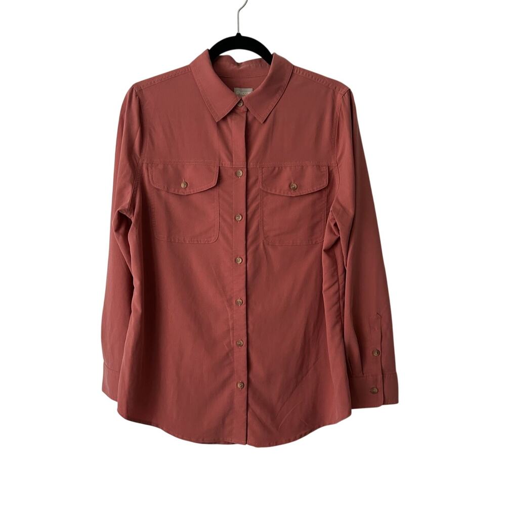 EUC Chico's Utility Shirt Women’s Silky Soft Pocket Coral Sz. 1-8-10 Long Sleeve